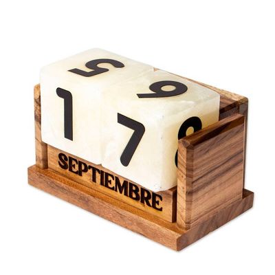 Alternate image for Marble Perpetual Desk Calendar with Natural Wood Base Everlasting Time
