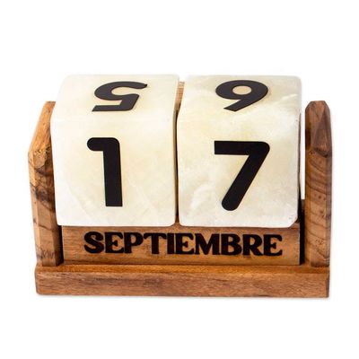 Alternate image for Marble Perpetual Desk Calendar with Natural Wood Base Everlasting Time