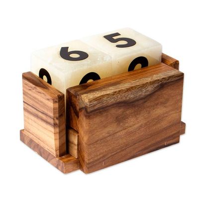 Alternate image for Marble Perpetual Desk Calendar with Natural Wood Base Everlasting Time