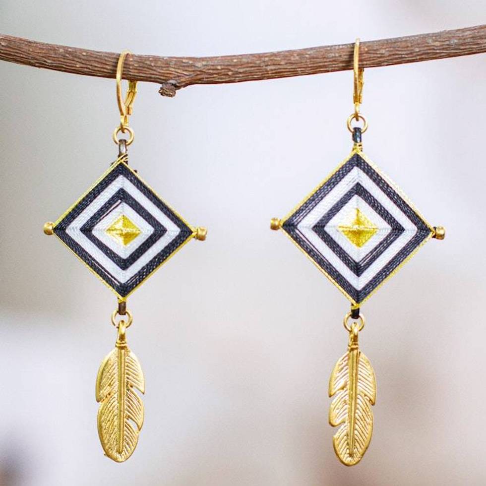 Gold-Accented and Hand-Woven Dangle Earrings with Feathers 'Feathery Diamonds'