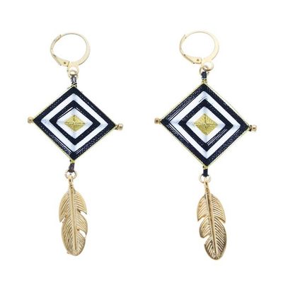 Alternate image for Gold-Accented and Hand-Woven Dangle Earrings with Feathers Feathery Diamonds