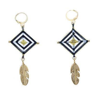 Alternate image for Gold-Accented and Hand-Woven Dangle Earrings with Feathers Feathery Diamonds