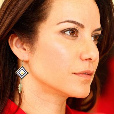 Alternate image for Gold-Accented and Hand-Woven Dangle Earrings with Feathers Feathery Diamonds