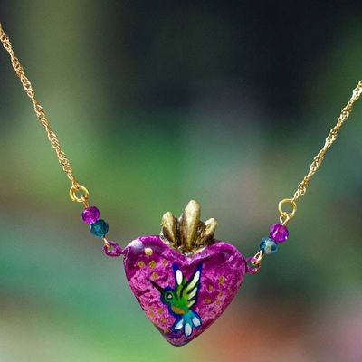Alternate image for Hummingbird-Themed Purple 14k Gold-Plated Heart Necklace Hummingbird Liaison