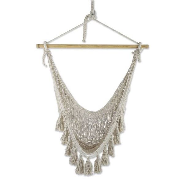 Alternate image for Tasseled Beige Cotton Rope Mayan Hammock Swing from Mexico Ocean Seat in Ivory
