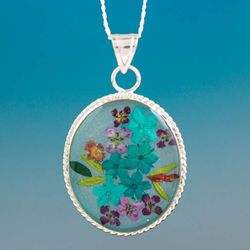 Image for Blue Dried Flower and Resin Silver Necklace from Mexico Azure Forever