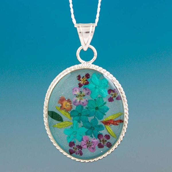 Alternate image for Blue Dried Flower and Resin Silver Necklace from Mexico Azure Forever