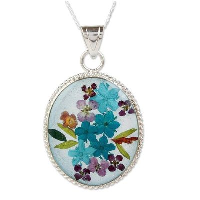 Alternate image for Blue Dried Flower and Resin Silver Necklace from Mexico Azure Forever