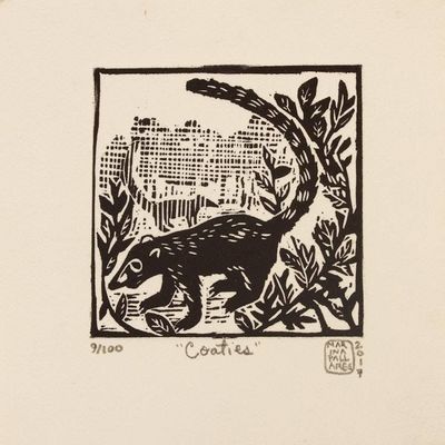 Primary image for Mexico 4-Inch Signed Linoleum Block Print of a Coatimundi Coatimundi