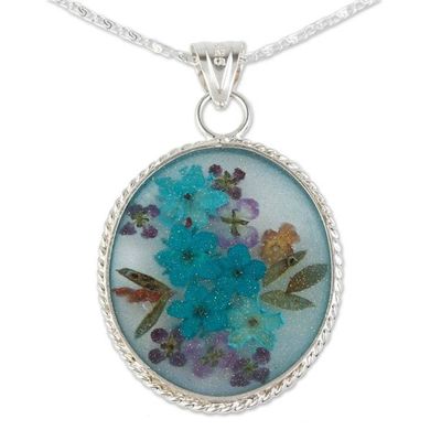 Alternate image for Blue Dried Flower and Resin Silver Necklace from Mexico Azure Forever