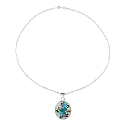 Alternate image for Blue Dried Flower and Resin Silver Necklace from Mexico Azure Forever