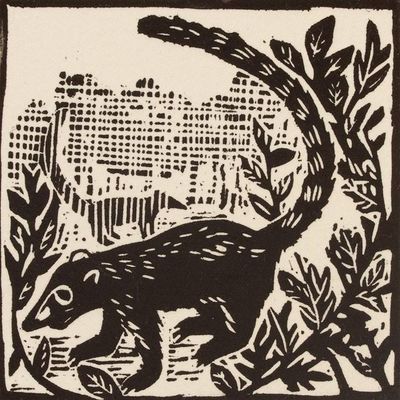 Alternate image for Mexico 4-Inch Signed Linoleum Block Print of a Coatimundi Coatimundi