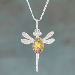 Image for Spring-Themed Dragonfly Pendant Necklace with Wild Flowers Yellow Anahuac Dragonfly