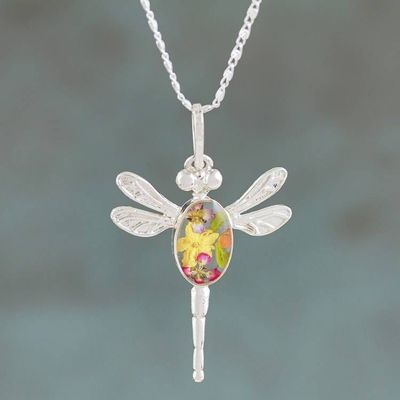 Primary image for Spring-Themed Dragonfly Pendant Necklace with Wild Flowers Yellow Anahuac Dragonfly