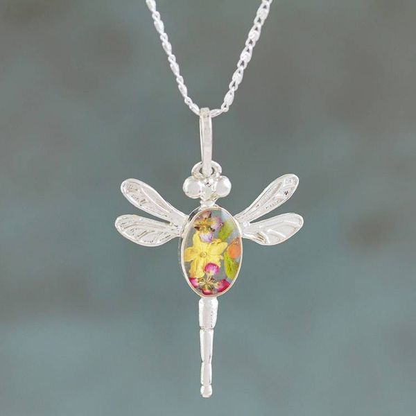 Alternate image for Spring-Themed Dragonfly Pendant Necklace with Wild Flowers Yellow Anahuac Dragonfly
