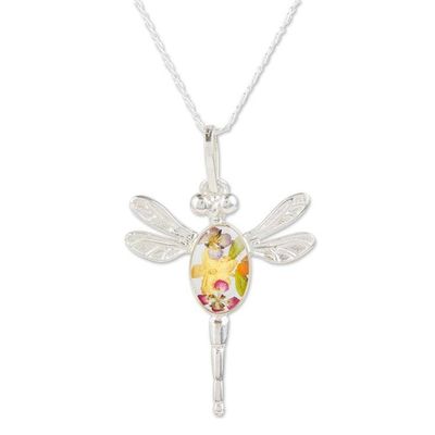 Alternate image for Spring-Themed Dragonfly Pendant Necklace with Wild Flowers Yellow Anahuac Dragonfly