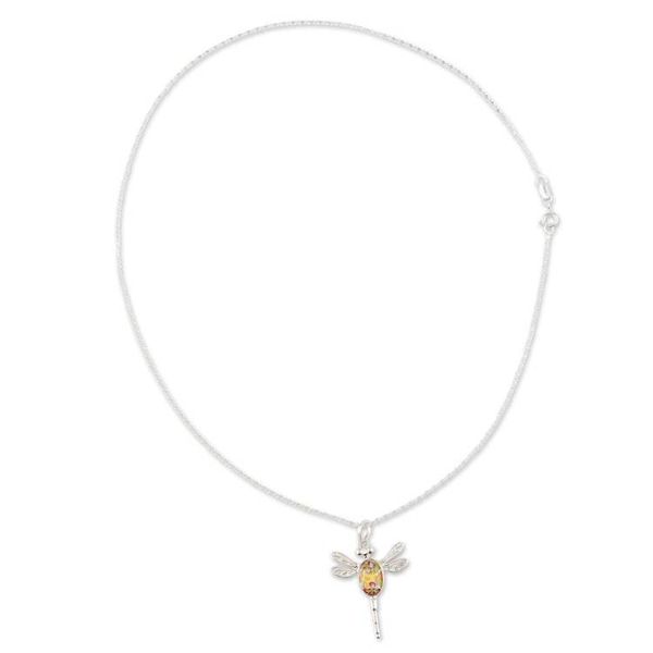Alternate image for Spring-Themed Dragonfly Pendant Necklace with Wild Flowers Yellow Anahuac Dragonfly
