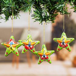 Image for Set of 4 Handcrafted Talavera Star Ceramic Ornaments Olive Constellation