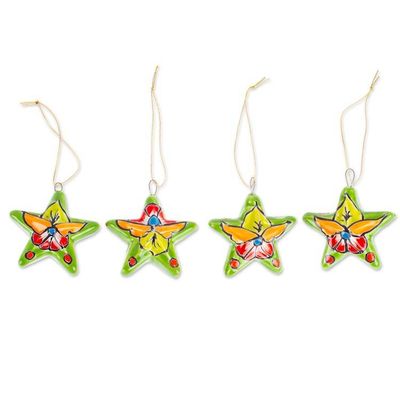 Alternate image for Set of 4 Handcrafted Talavera Star Ceramic Ornaments Olive Constellation