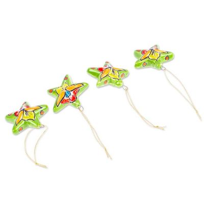 Alternate image for Set of 4 Handcrafted Talavera Star Ceramic Ornaments Olive Constellation
