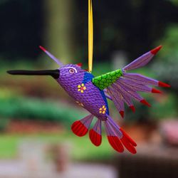 Image for Copal Wood Purple Colorful Alebrije Hummingbird Ornament Fanciful Flutter in Purple