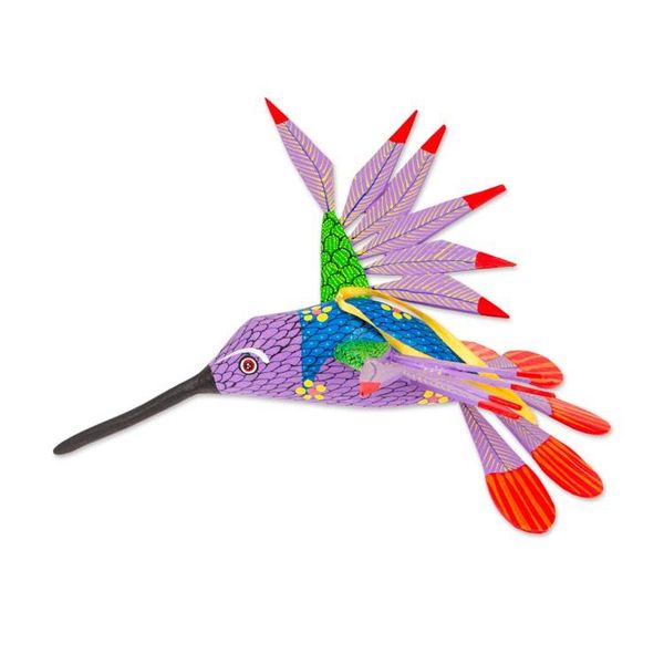 Alternate image for Copal Wood Purple Colorful Alebrije Hummingbird Ornament Fanciful Flutter in Purple