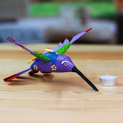 Alternate image for Copal Wood Purple Colorful Alebrije Hummingbird Ornament Fanciful Flutter in Purple