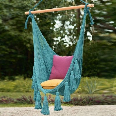 Primary image for Tasseled Cotton Rope Mayan Hammock Swing in Teal from Mexico Ocean Seat in Turquoise
