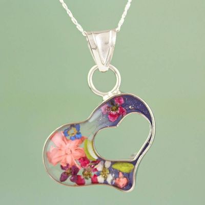 Primary image for Blue Double-Heart Pendant Necklace in Sterling Silver Blue Flowered Heart