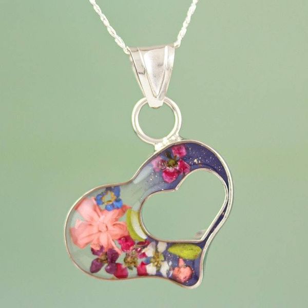 Alternate image for Blue Double-Heart Pendant Necklace in Sterling Silver Blue Flowered Heart