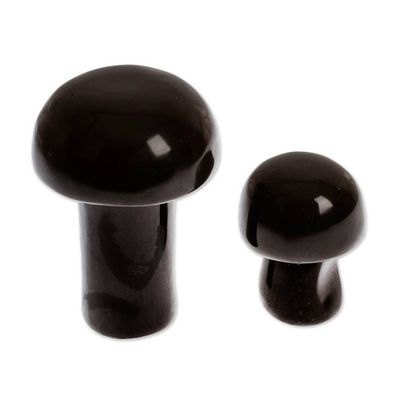 Alternate image for 2 Black Mushroom-Themed Hand-Carved Marble Home Accents Midnight Mushrooms
