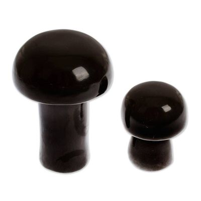 Alternate image for 2 Black Mushroom-Themed Hand-Carved Marble Home Accents Midnight Mushrooms