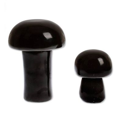 Alternate image for 2 Black Mushroom-Themed Hand-Carved Marble Home Accents Midnight Mushrooms