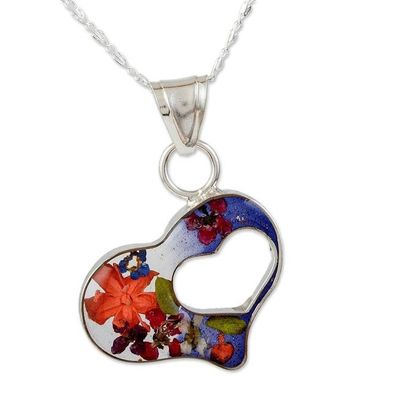 Alternate image for Blue Double-Heart Pendant Necklace in Sterling Silver Blue Flowered Heart