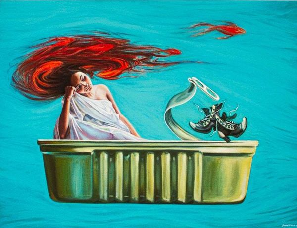 Alternate image for Surrealist Modern Print of a Girl in a Tin Can with Goldfish Mermaid Dream
