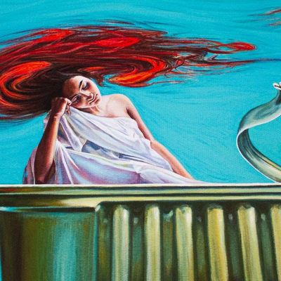 Alternate image for Surrealist Modern Print of a Girl in a Tin Can with Goldfish Mermaid Dream