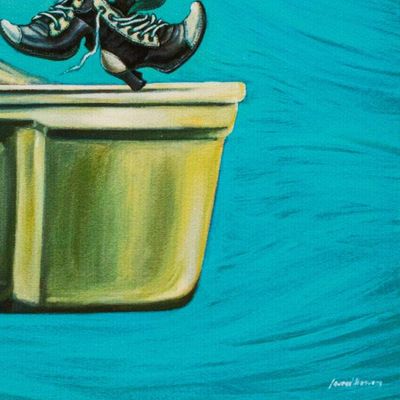 Alternate image for Surrealist Modern Print of a Girl in a Tin Can with Goldfish Mermaid Dream