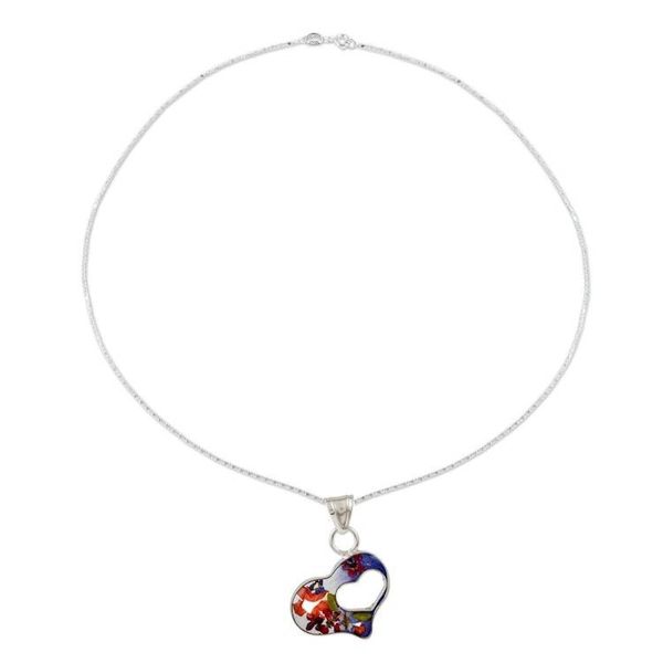 Alternate image for Blue Double-Heart Pendant Necklace in Sterling Silver Blue Flowered Heart