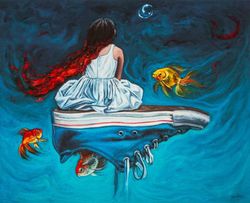 Image for Girl Sitting on a Tennis Shoe with Goldfish Surrealist Print Water Ride