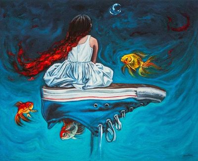 Primary image for Girl Sitting on a Tennis Shoe with Goldfish Surrealist Print Water Ride