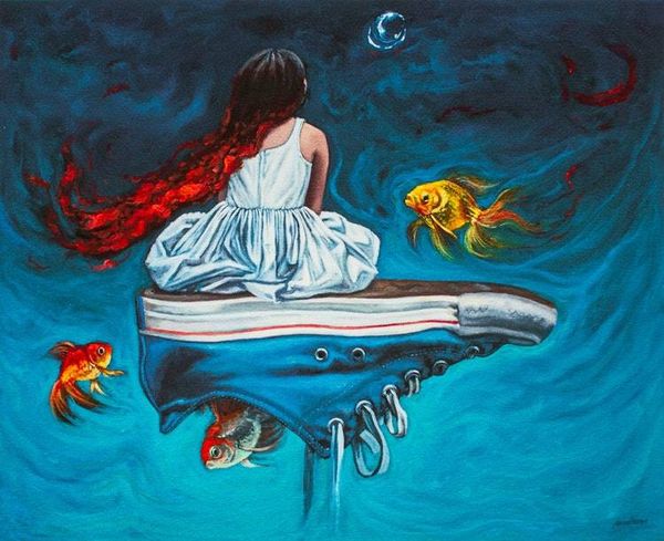 Alternate image for Girl Sitting on a Tennis Shoe with Goldfish Surrealist Print Water Ride