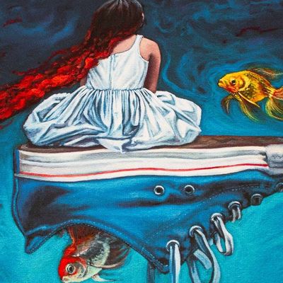 Alternate image for Girl Sitting on a Tennis Shoe with Goldfish Surrealist Print Water Ride
