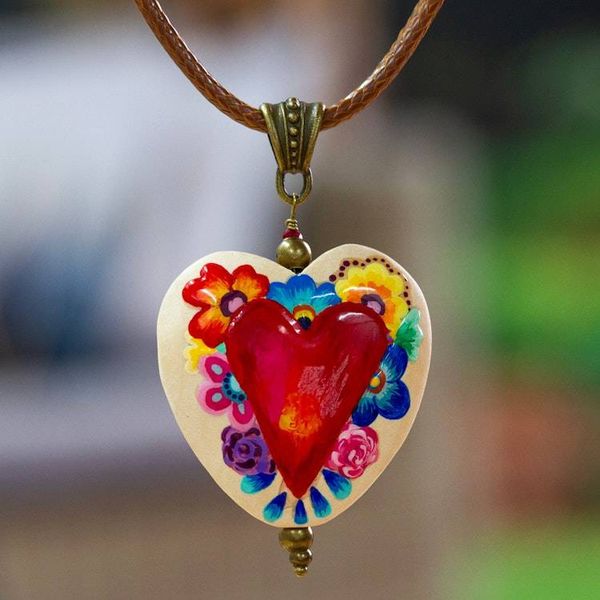 Alternate image for Hand-Painted Floral Heart-Themed Pinewood Pendant Necklace Primaveral Realm
