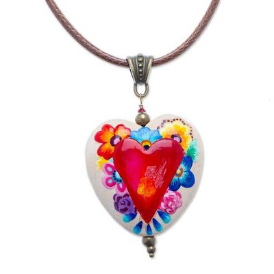 Alternate image for Hand-Painted Floral Heart-Themed Pinewood Pendant Necklace Primaveral Realm