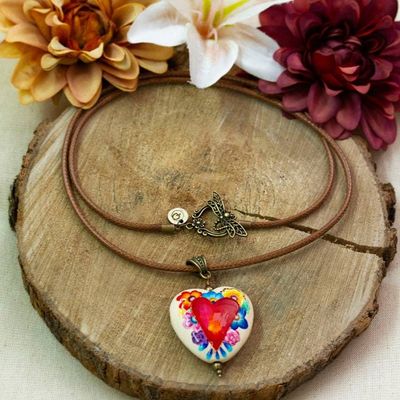 Alternate image for Hand-Painted Floral Heart-Themed Pinewood Pendant Necklace Primaveral Realm