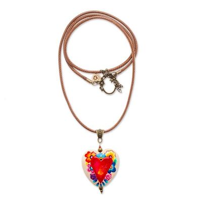 Alternate image for Hand-Painted Floral Heart-Themed Pinewood Pendant Necklace Primaveral Realm