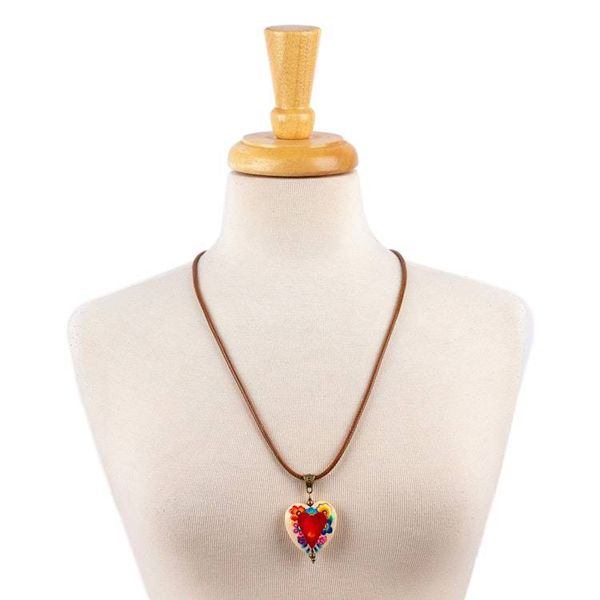 Alternate image for Hand-Painted Floral Heart-Themed Pinewood Pendant Necklace Primaveral Realm