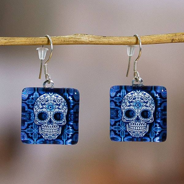 Alternate image for Decoupage on Glass Blue White Skull-Themed Dangle Earrings Stunning Skull