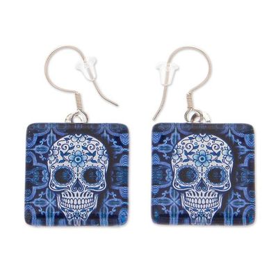 Alternate image for Decoupage on Glass Blue White Skull-Themed Dangle Earrings Stunning Skull