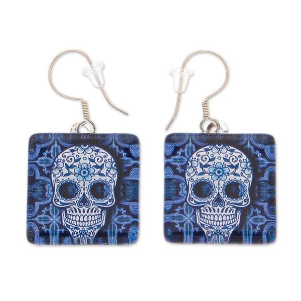 Alternate image for Decoupage on Glass Blue White Skull-Themed Dangle Earrings Stunning Skull